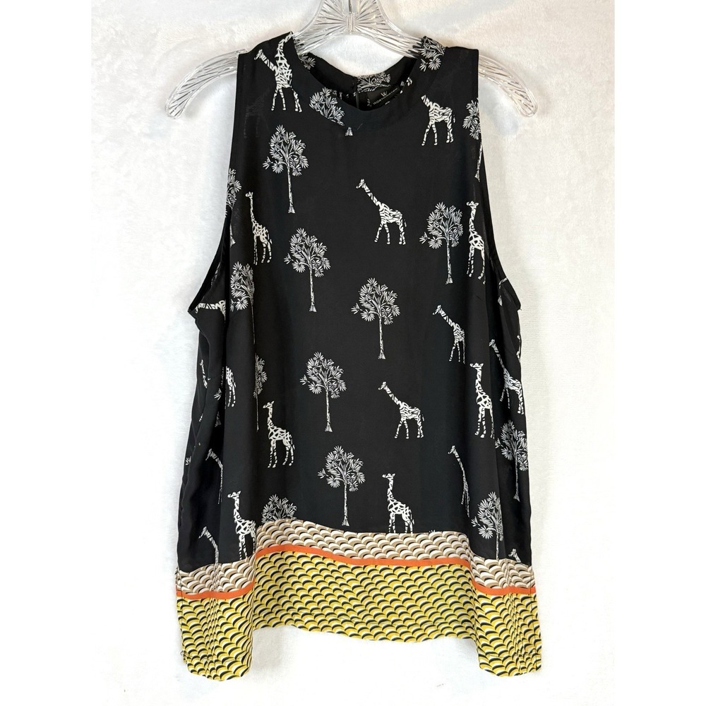 Worthington XL Giraffe Print Blouse Black Sleeveless Colorblock Hem Sheer Flowy